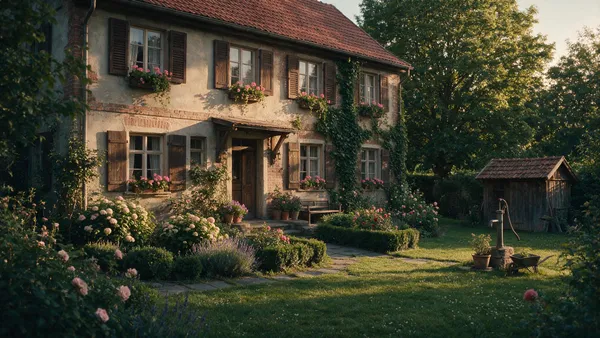 Aelteres Familienhaus mit gewachsenem Garten im warmen Abendlicht