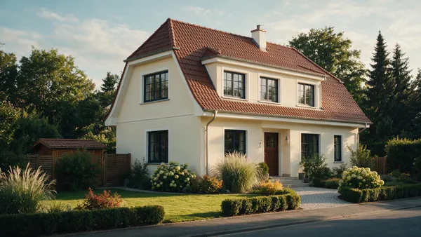 Freistehendes Einfamilienhaus mit gepflegtem Vorgarten im Abendlicht