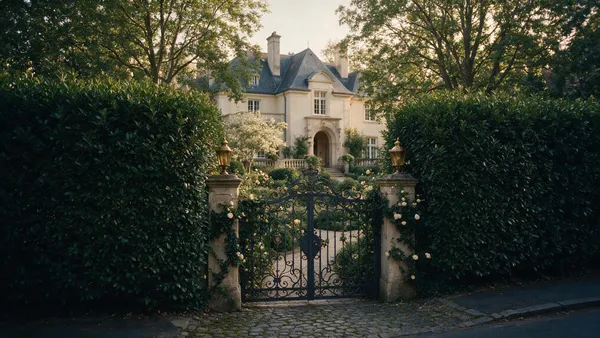 Villa hinter hoher Hecke und geschlossenem Tor, diskret von der Strasse aus gesehen